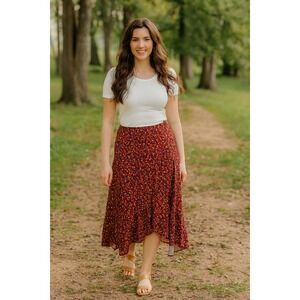Rebdolls Red Ditsy Floral High Low Midi Skirt Womens Size Medium Elastic Waist